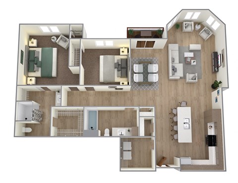 Floor plan for 2 beds, 2 baths, 1368 sqft